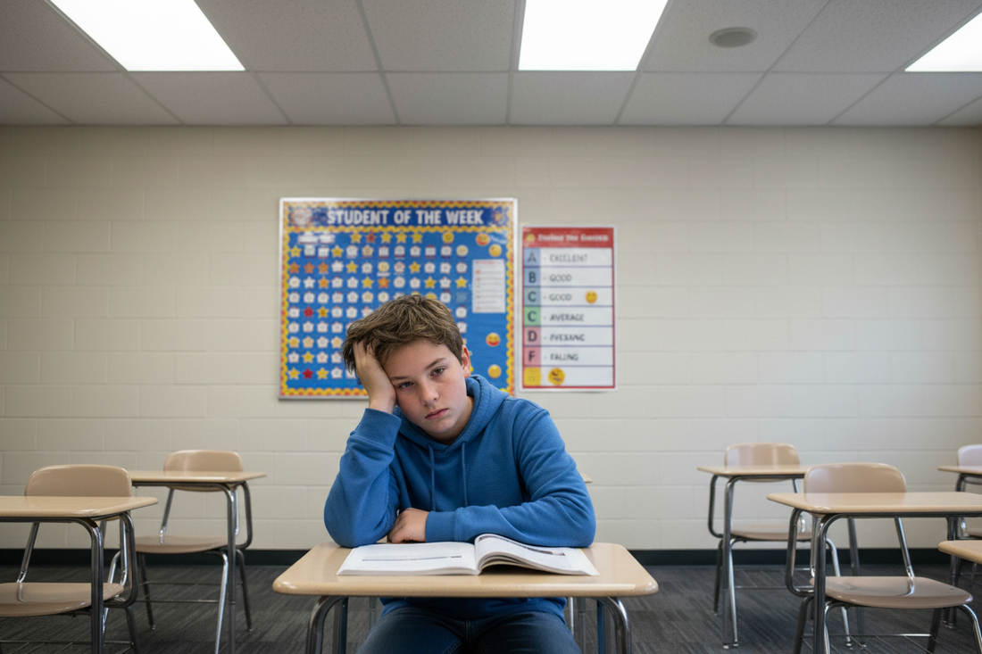 A student seated at a desk looking disengaged while completing an assignment, with a rewards chart or grading scale visible nearby. The environment feels controlled and transactional rather than purposeful.